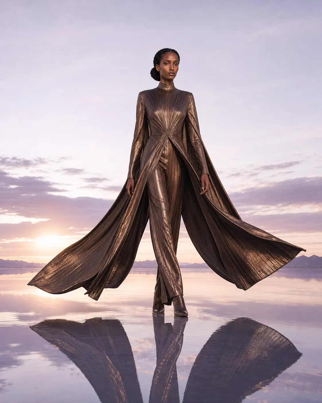 Weibliches High-Fashion-Model in bronzefarbenem Look